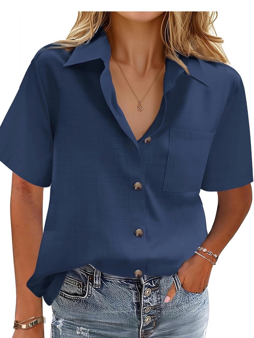 Classic Navy Button-Front Women’s Shirt - Unbranded